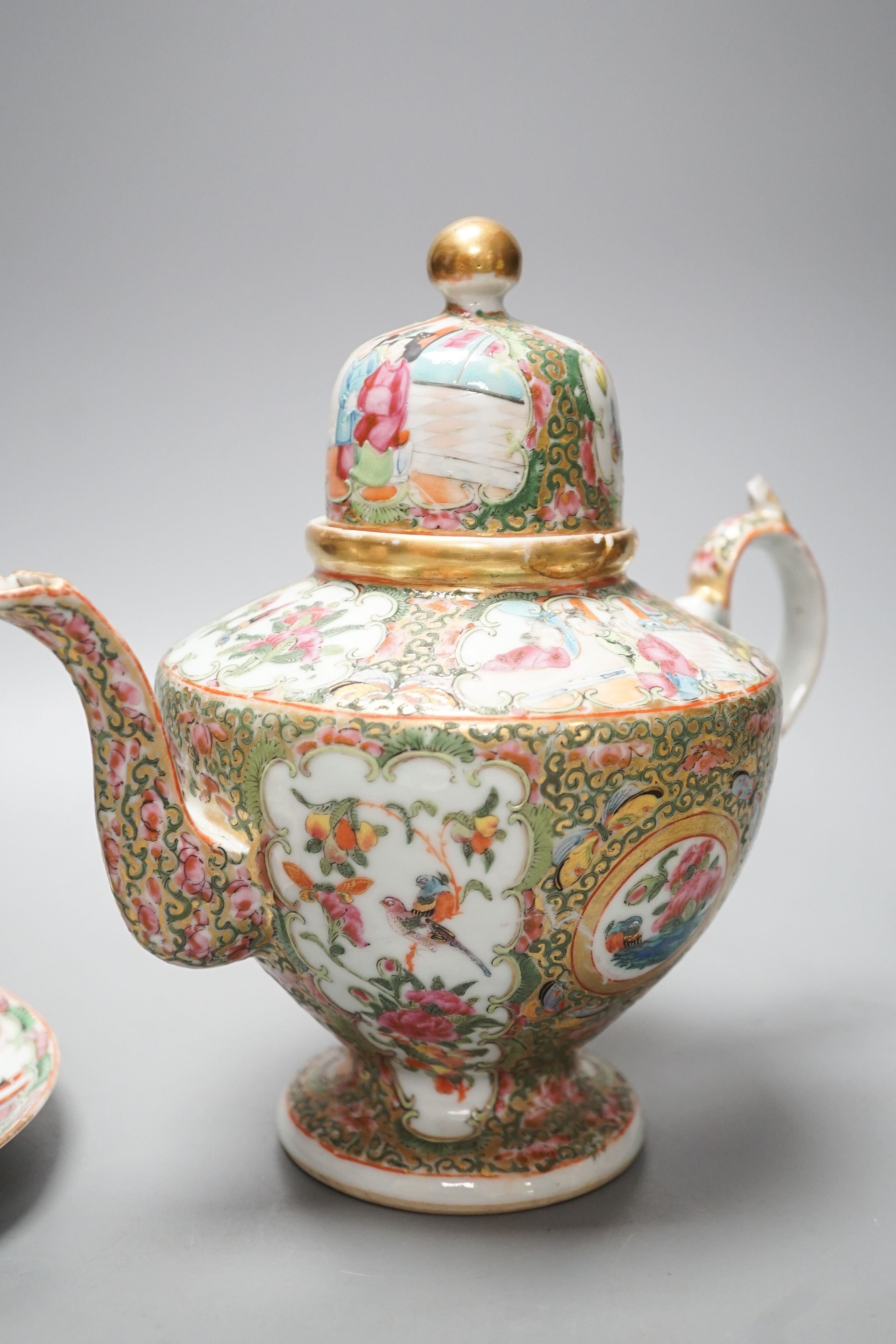 A 19th century Chinese famille rose teapot, sugar bowl, saucer dish vase and a similar yellow ground ‘dragon’ vase and cover 21cm